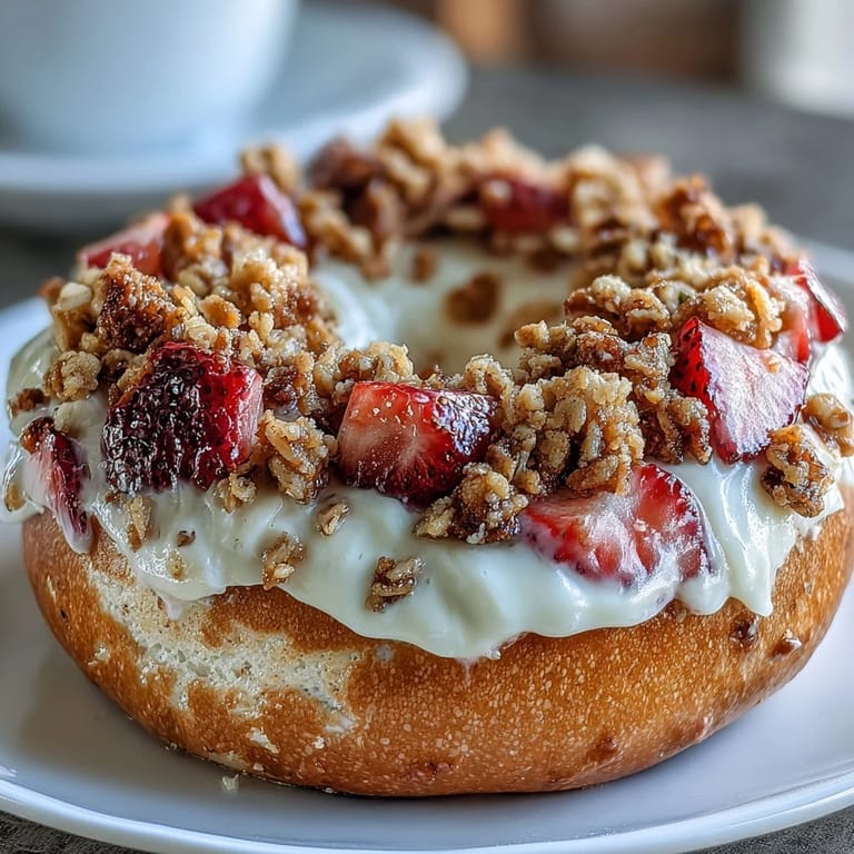High-protein strawberry cheesecake bagels topped with a buttery crumble, featuring a rich cream cheese filling and fresh berry flavor.