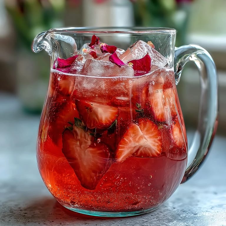 A refreshing summer drink blending ripe strawberries, zesty lemon juice, and delicate rose water, served over ice with mint sprigs.  