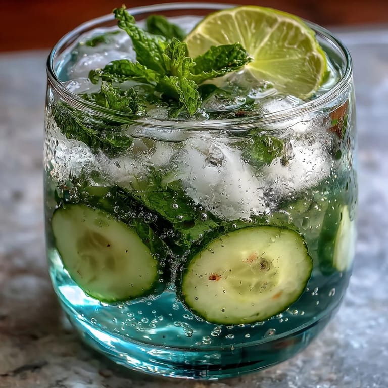 Light and bubbly cucumber mint refresher served over ice, garnished with lime and mint sprigs.