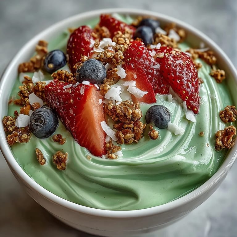 Creamy matcha and yogurt smoothie bowl topped with strawberries, blueberries, chia seeds, and coconut flakes for a refreshing morning boost.