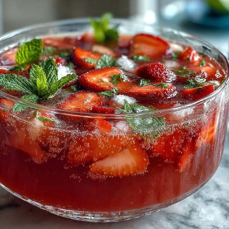 Refreshing strawberry daiquiri punch bowl with frozen berries, sparkling soda, and rum, served in a large glass bowl with citrus garnish.