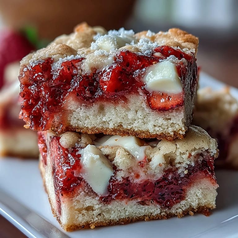 Soft and chewy strawberry cookie bars loaded with fresh diced strawberries and creamy white chocolate chunks, perfect for sharing at spring picnics.