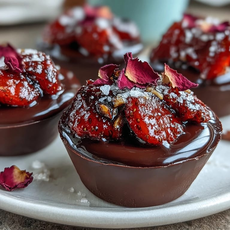 Silky dark chocolate cups brimming with ripe strawberries, topped with golden pistachio crunch and a hint of rosewater for a Middle Eastern-inspired dessert.  