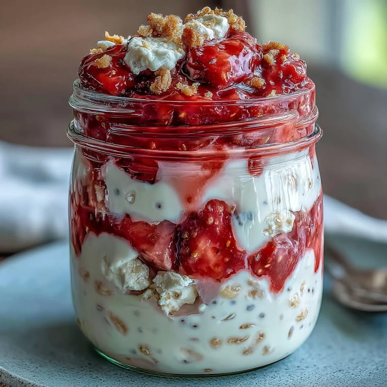 Wholesome overnight oats featuring cottage cheese, chia seeds, and sweet strawberries, topped with graham cracker crumbs for a dessert-inspired morning treat.