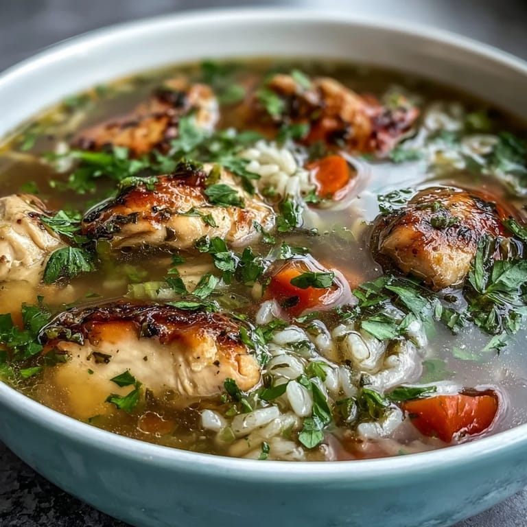 Hearty One-Pot Healthy Chicken and Rice Soup featuring juicy chicken, colorful vegetables, and aromatic herbs in a comforting one-pot meal.