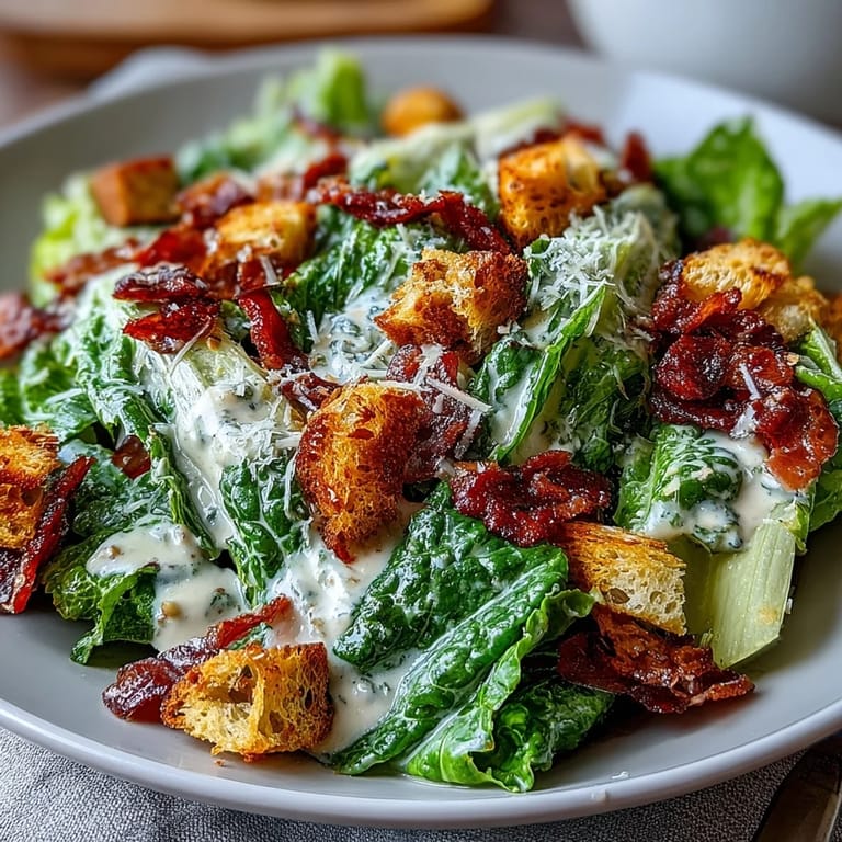 Golden-baked croutons and crisp celery slices meet romaine in a tangy Caesar salad topped with savory Parmesan shavings. Perfect for a light lunch.