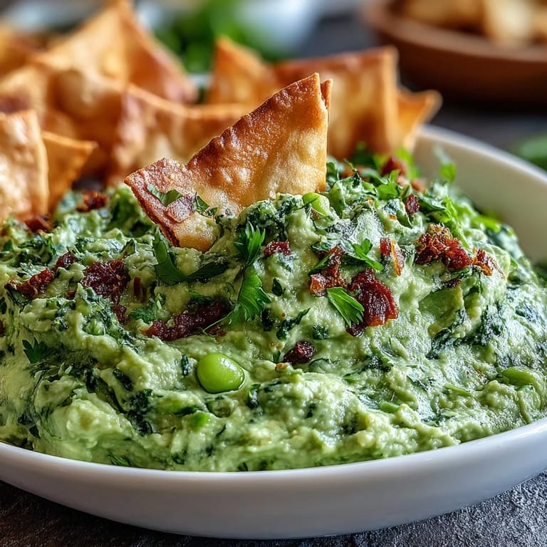 Bright green edamame guacamole with fresh cilantro and lime, paired with warm spiced pita chips.  