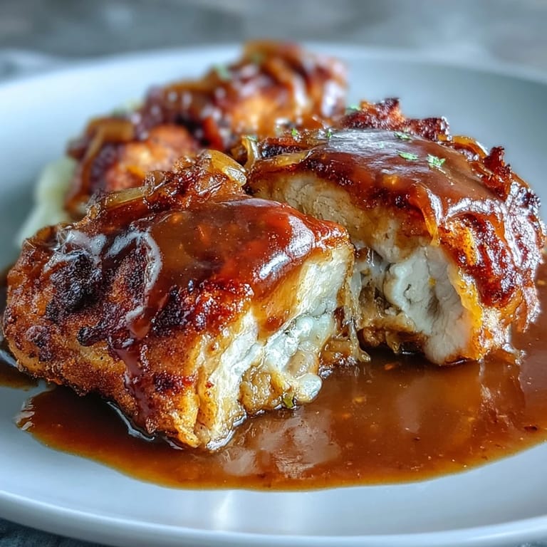 Tender, seasoned chicken pieces in a luscious onion gravy, slow-simmered to perfection, ideal for a soul-warming family meal.