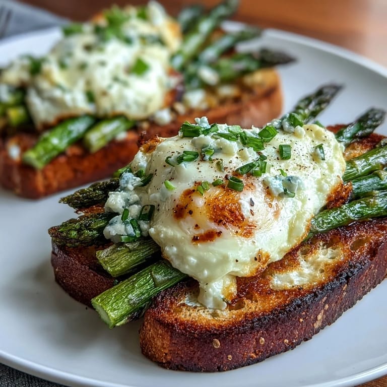 Fresh spring tartines feature buttery scrambled eggs, crisp asparagus, and zesty lemon on golden toasted sourdough slices.