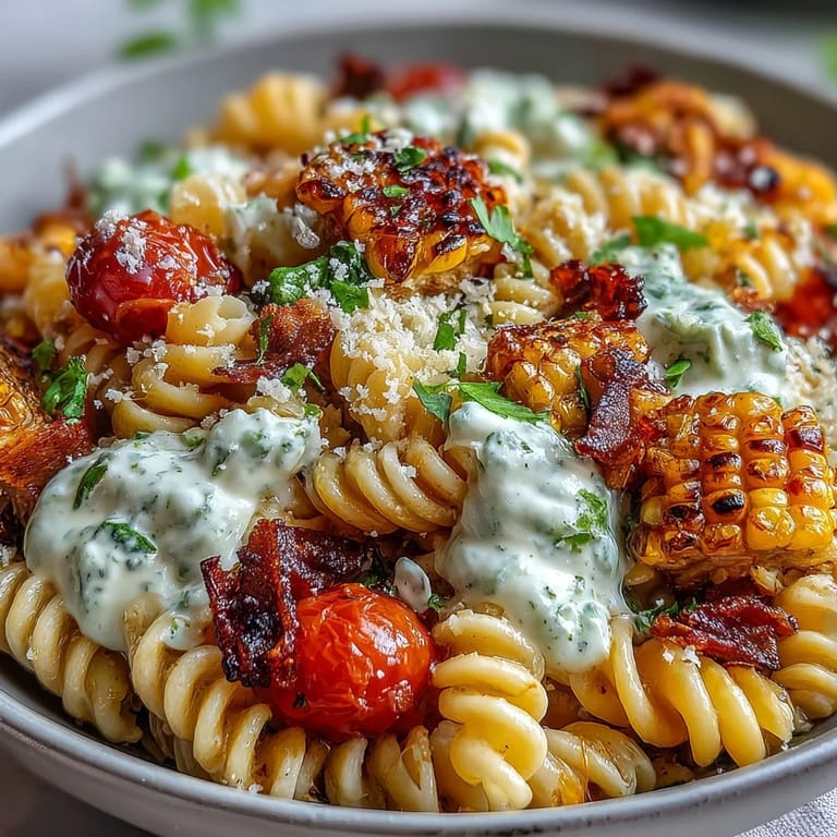 Mexican-inspired Elote Pasta Salad featuring charred corn, zesty lime dressing, and crumbled Cotija cheese for a bold, flavorful side dish.  