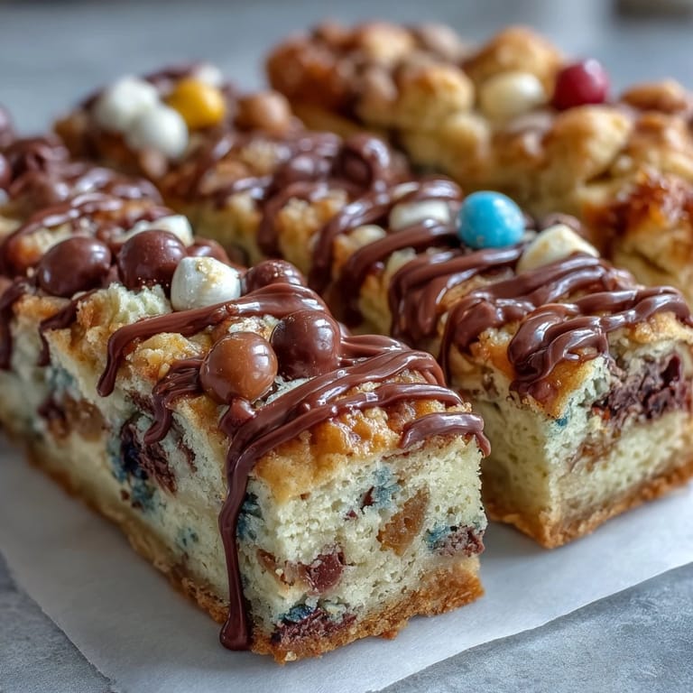 Golden-baked cookie bars studded with candies and finished with white chocolate drizzle, an easy and customizable dessert for graduation celebrations.