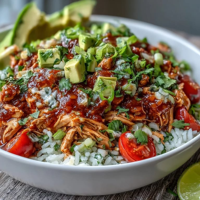 Flavorful salsa chicken and rice bowls loaded with creamy avocado, zesty lime, and colorful fresh toppings.