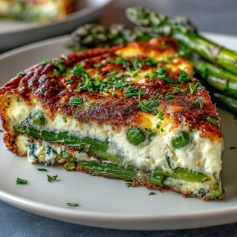 Savory Spring Frittata with Asparagus, Peas and Goat Cheese, loaded with fresh herbs, bright vegetables, and tangy goat cheese crumbles.