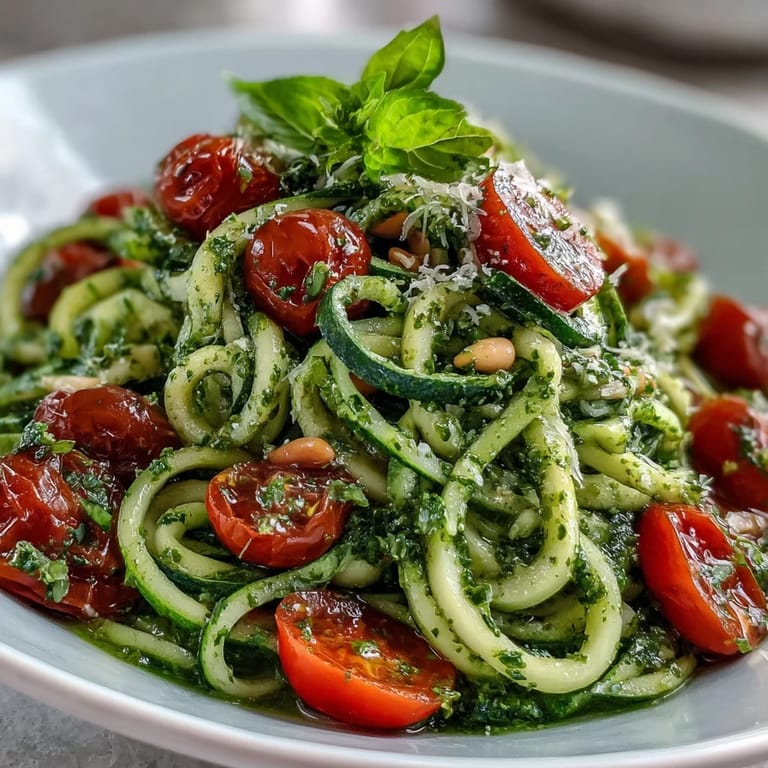 Colorful spiralized zucchini noodles mixed with fragrant pesto and sweet cherry tomatoes, perfect for a quick summer meal.  