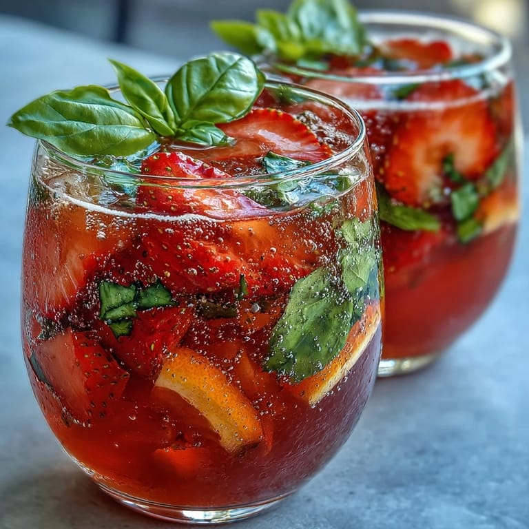 Vibrant non-alcoholic sangria featuring ripe strawberries, orange, and lemon slices, infused with fresh basil for a bright, herbal summer drink.