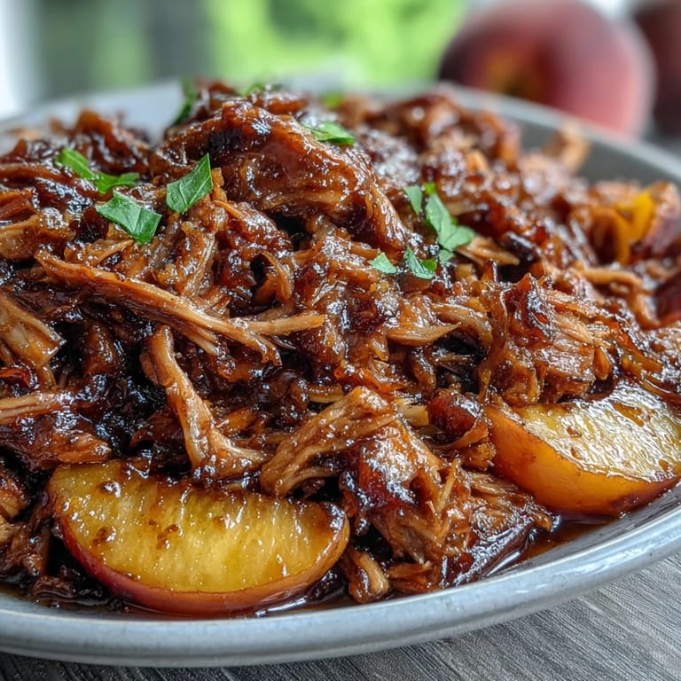 Slow cooker Honey Peach BBQ Pulled Pork with ripe peaches and honey, perfect for a summer barbecue feast.