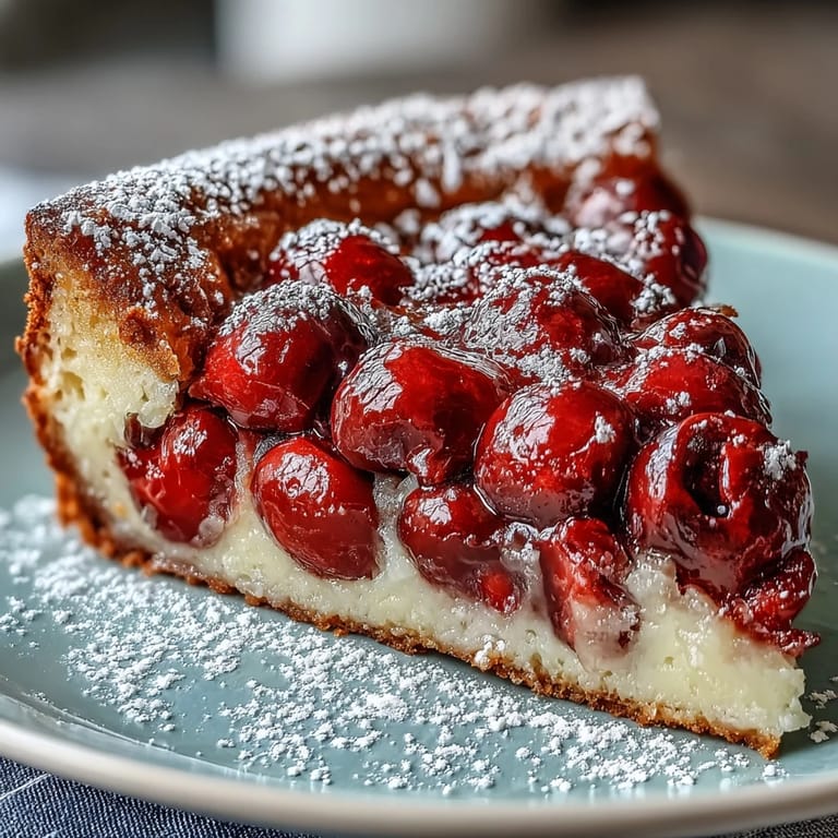 Golden baked Fresh Cherry Clafoutis with juicy cherries and vanilla bean notes.