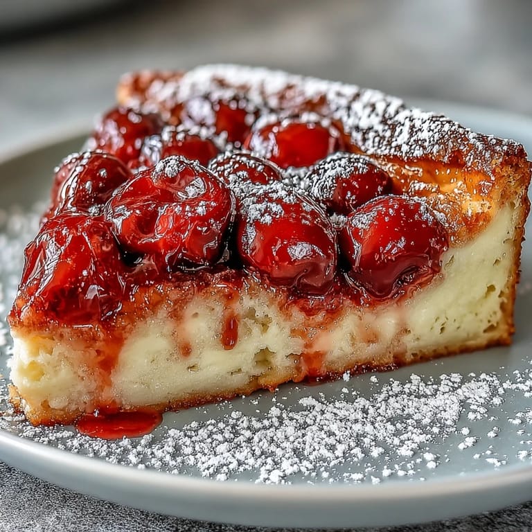 Sweet Fresh Cherry Clafoutis baked golden, ready to be dusted with powdered sugar.