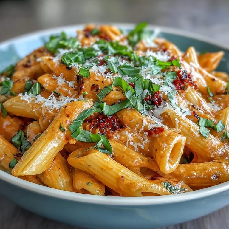 Indulgent penne pasta coated in rich, quick tomato-vodka sauce, garnished richly.