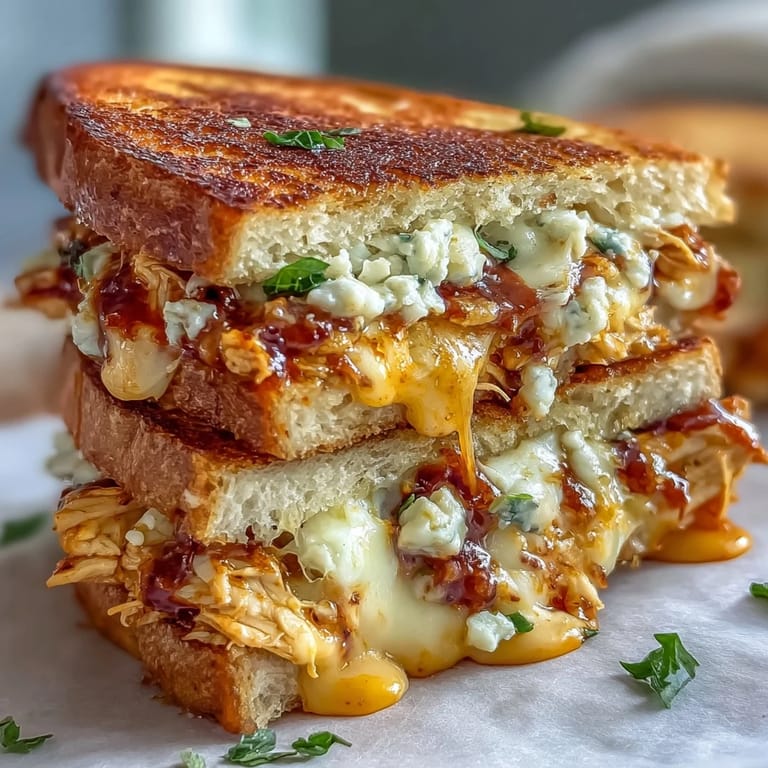A gooey buffalo chicken grilled cheese, perfect for a quick lunch.