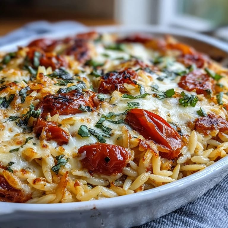 Close-up of Tomato Basil Baked Orzo, showing tender pasta and fresh herbs ready to enjoy.