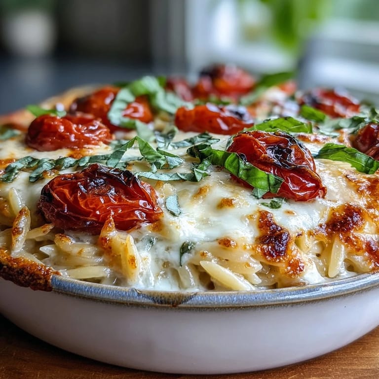 A golden, baked Tomato Basil Orzo dish garnished with vibrant green basil, perfect for dinner.