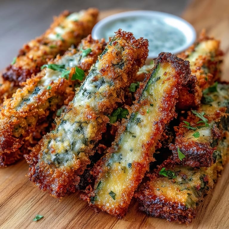 Picture of warm Parmesan zucchini fries with a golden crust, served with sauce.