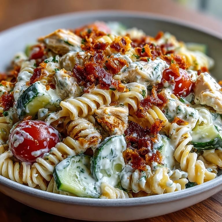 Generous portion of Creamy Chicken Bacon Ranch Pasta Salad ready for summer picnics.