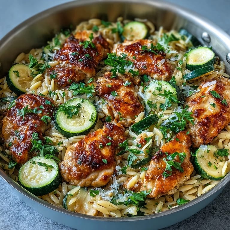 Easy Mediterranean-inspired one-pan lemon chicken and zucchini orzo dinner.