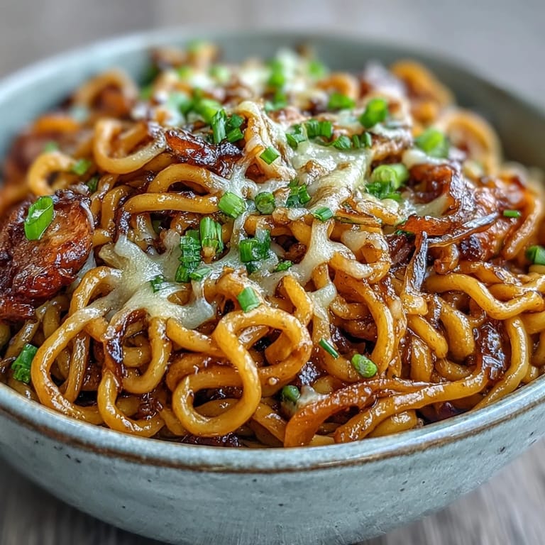 A vibrant bowl of French Onion Buldak Noodles with crunchy baguette slices.
