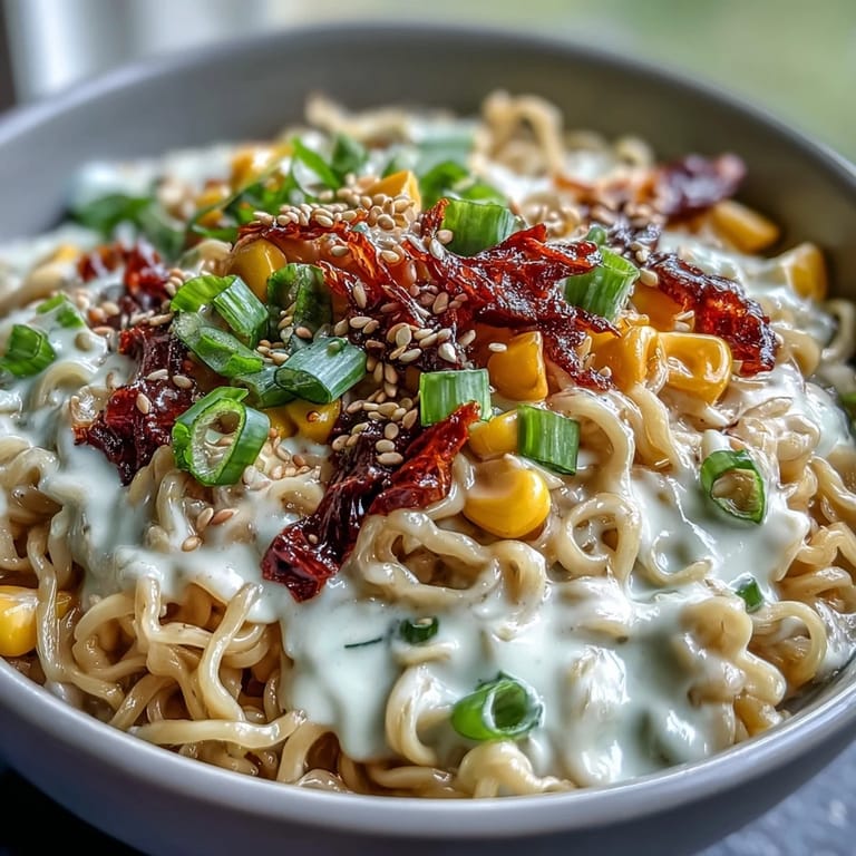 A steaming bowl of Creamy Corn Buldak Ramen, perfect for a spicy comfort meal.