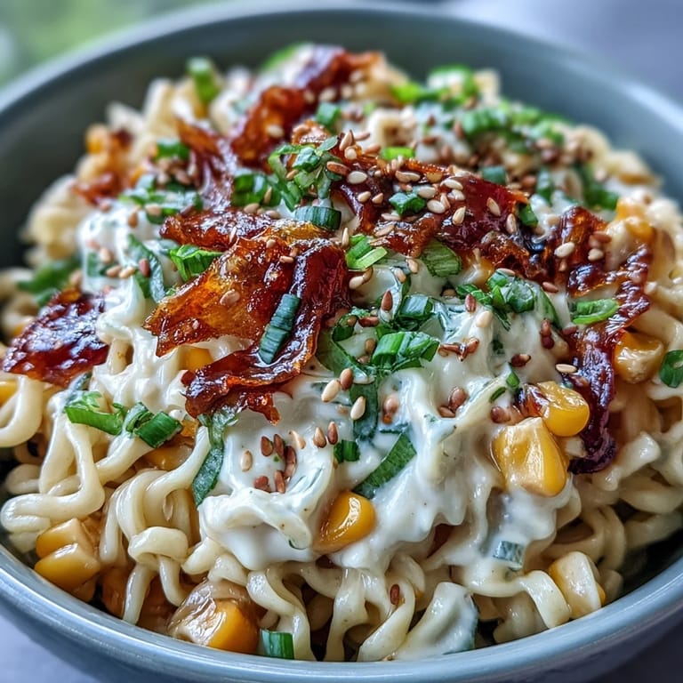 Savory Creamy Corn Buldak Ramen topped with sesame seeds and green onions.