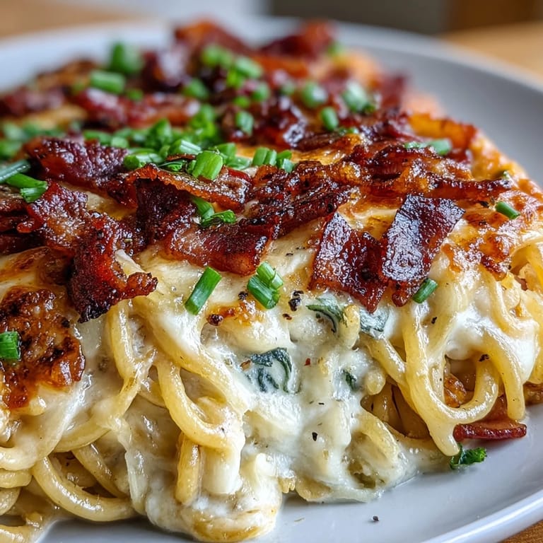 Savory Carbonara Buldak Ramen casserole featuring crispy pancetta and a rich cheesy topping.
