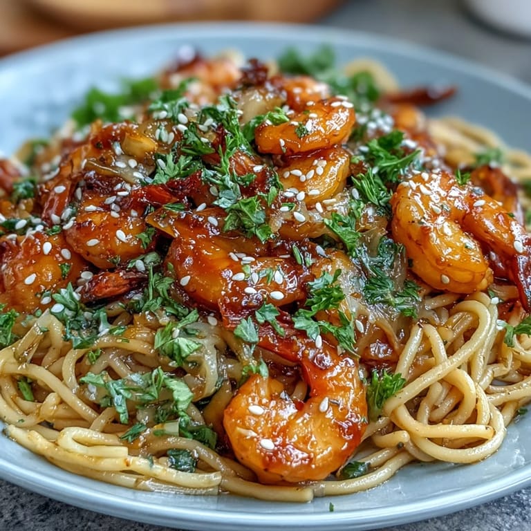 Spicy Garlic Butter Shrimp Buldak Pasta, showcasing tender noodles tossed in sauce.