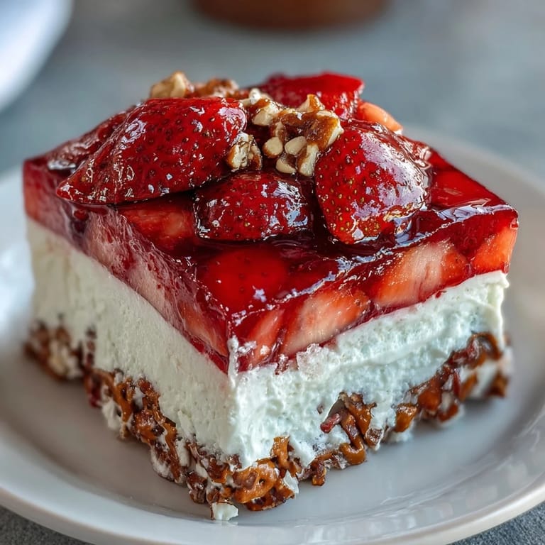 Bright strawberry pretzel jello salad, assembled and ready for a summer picnic.