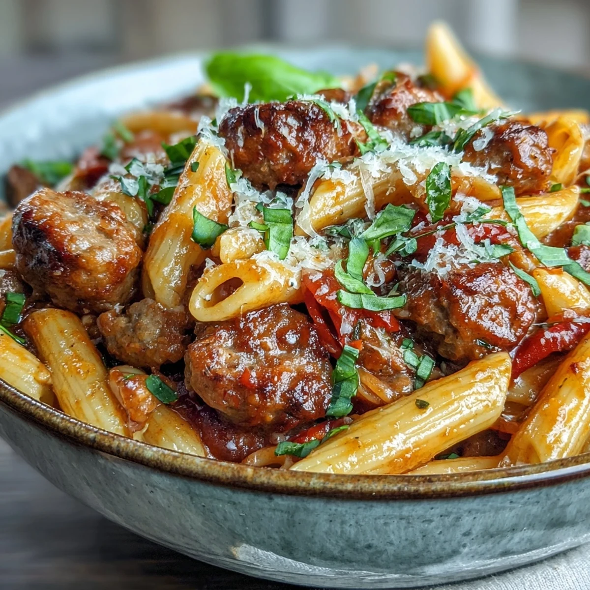 A steaming bowl of One-Pot Creamy Red Wine Sausage Pasta, featuring al dente penne coated in a rich red sauce with crumbled Italian sausage.