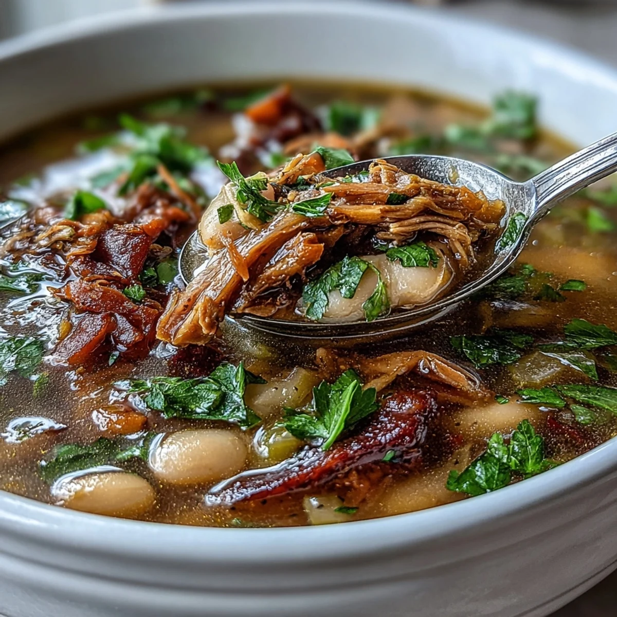 A steaming bowl of White Bean and Ham Hock Soup with tender beans, shredded smoky ham, and aromatic vegetables in a savory broth.  