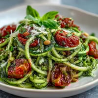 Fresh zucchini noodles tossed with vibrant basil pesto and juicy cherry tomatoes, a light and healthy vegetarian dinner.  