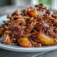 Juicy Honey Peach BBQ Pulled Pork slow-cooked until tender, served on a bun with a sweet and smoky glaze.