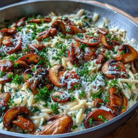 Golden Creamy Mushroom Orzo Skillet loaded with tender pasta and savory mushrooms.
