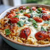 Warm Tomato Basil Baked Orzo bubbling with melted cheese, a comforting vegetarian casserole.