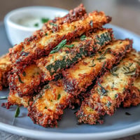 Golden crispy Parmesan zucchini fries baked to perfection, ready for dipping.